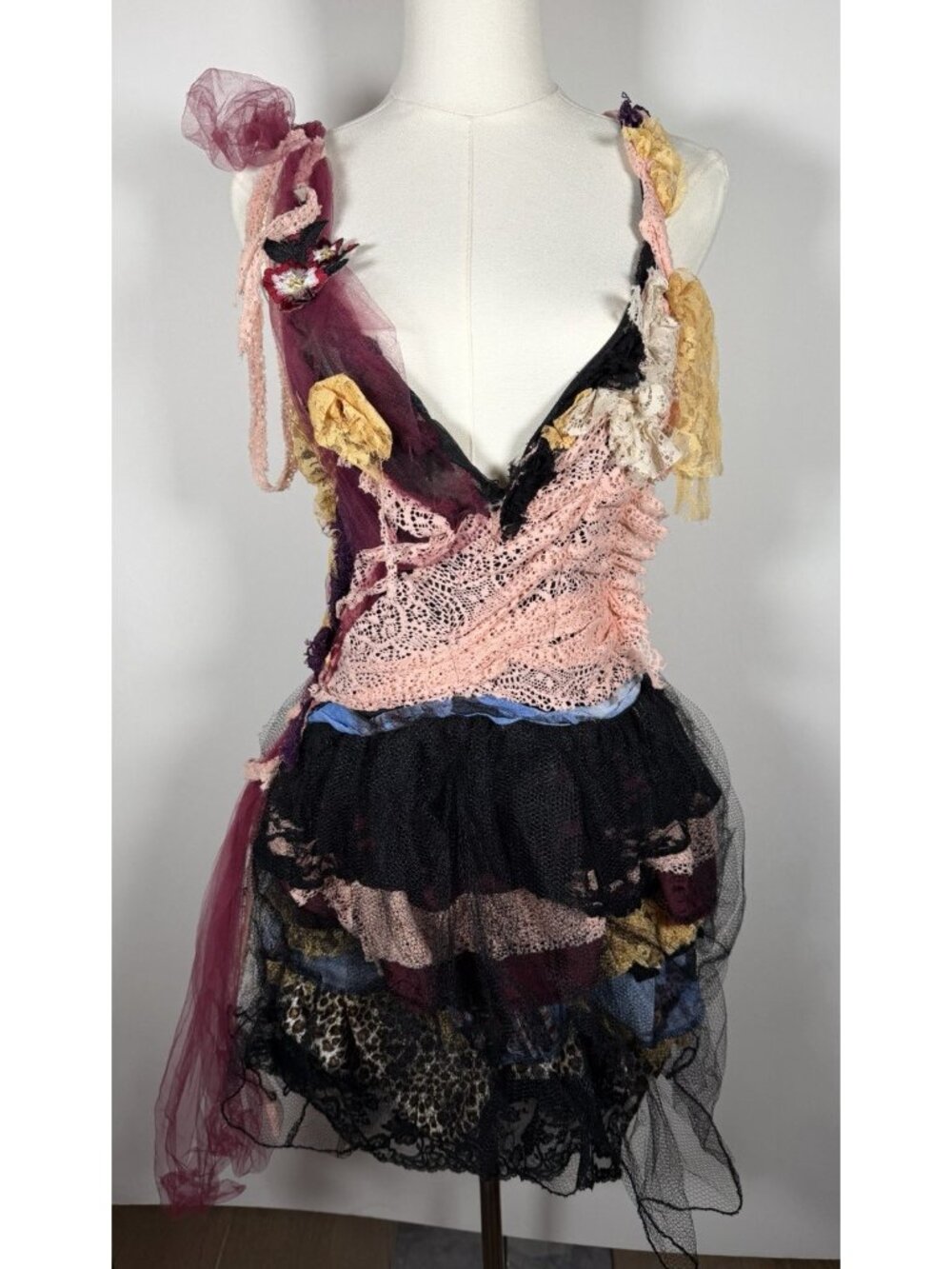 SIN Bohemian Fairycore mixed-media patchwork tulle gypsy steampunk dress 36 tall